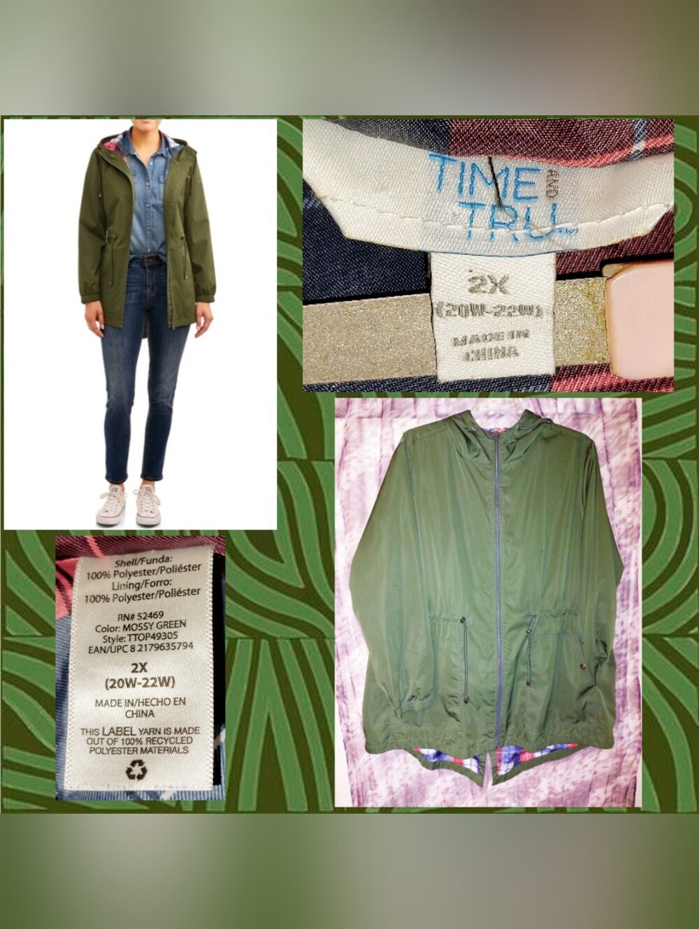 Time & Tru Mossy(Olive) Green Lightweight Anorak Windbreaker Jacket 2X(20/22W)